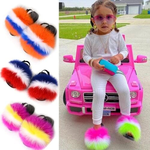 New Arrival Kids Slippers Raccoon Slides Girl Real Fox Slippers Furry Shoes Summer Flip Flops Warm Slippers Fur Slippers Hot
