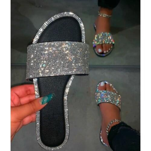 Glitter Slippers Women Summer Sandals 2020 Fashion Bling Female Candy Color Flip Flops Beach Diamond Flat Shoes Outdoor Sandals