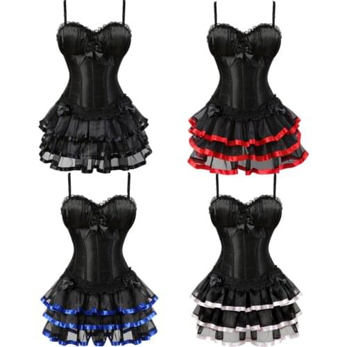 Sexy Strap Black Satin Lace Trim Overbust Corset Dress Dancer Showgirl Barlesque Corsets Bustiers With Mini Skirt Set Plus Size