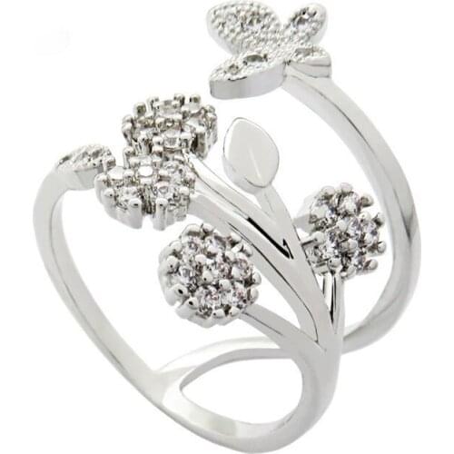 Fresh Lady Crystal Butterfly Tree Leaf Wedding Rings for Women Trendy Engagement Jewelry CZ White Crystal Adjustable Finger Ring