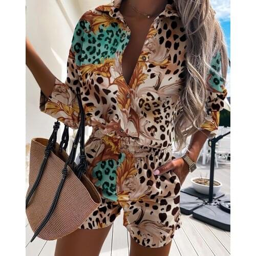 Women 2 Pieces Set Zipper Single Breasted Long Sleeves Stripped Shirt Top & Corset Skinny Shorts Overalls Elegant 2021 Summer