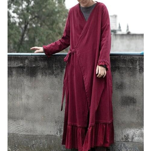 Women Loose Vintage Lace Up Cotton Linen V Neck Trench Coat Outerwear Female Retro Coat Female Long Patchwork Spring Autumn Coat