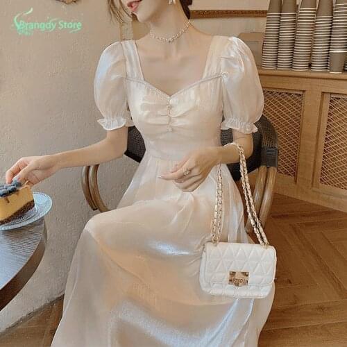 2021 Fashion Women Aesthetic Summer Fairy White Dress Harajuku Korean Fashion Cottagecore Satin Long Dress Elegantes