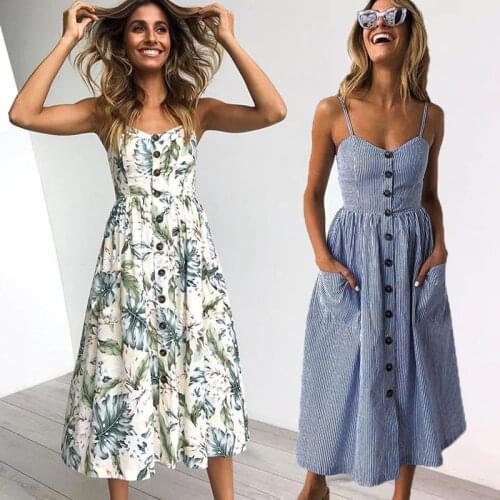 Women Sundress 2021 Summer Female Vintage Casual Midi Button Sexy Backless Polka Dot Striped Beach Dress Boho Floral Dress