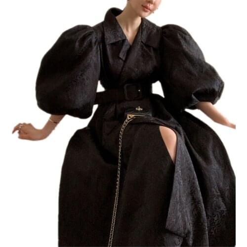 French style vintage court lantern sleeve dress women notched elelgant party a-line dress