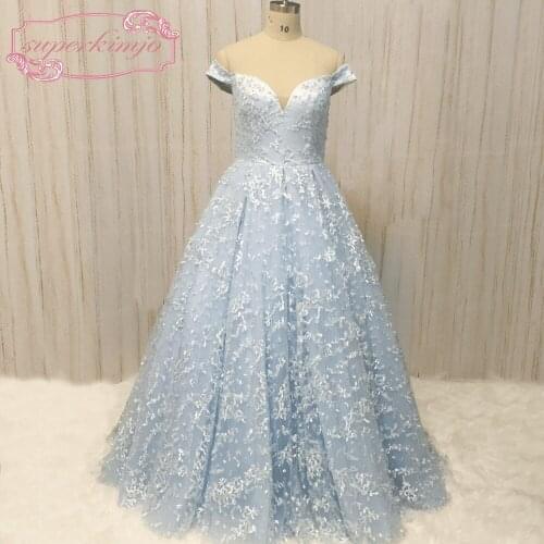 SuperKimJo Off the Shoulder Prom Dresses 2020 A Line Lace Blue Beaded Prom Gown Formal Dresses Vestidos De Festa