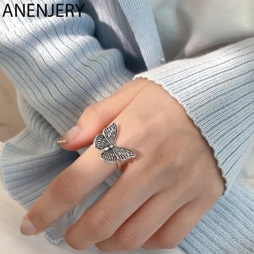ANENJERY 925 Sterling Silver Vintage Butterfly Thai Silver Rings For Women Fashion Jewelry Animal Open Finger Ring Gifts S-R812