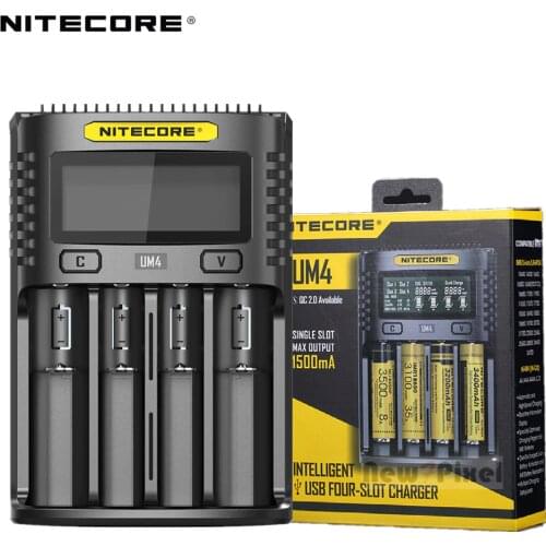 100% Original NITECOR UM4 C4 VC4 LCD USB Smart Battery Charger for Li-ion IMR INR ICR LiFePO4 18650 14500 26650 AA 3.7 1.2V 1.5V