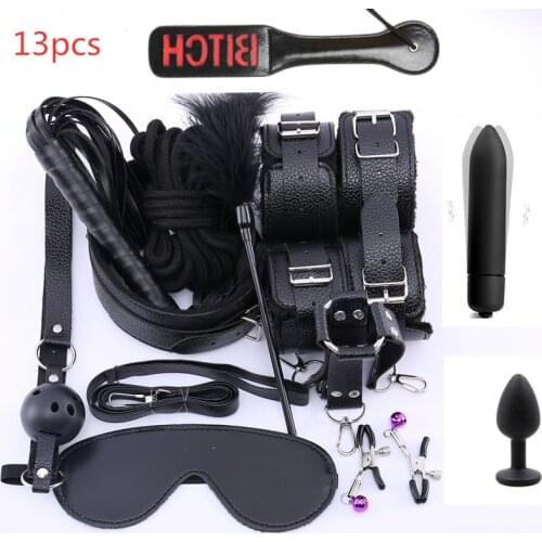 13 PCS /Set Sex Toys For Couples Adults BDSM Bondage leather Vibrating Sex Handcuffs Whip Anal Plug sexy lingerie bdsm sex