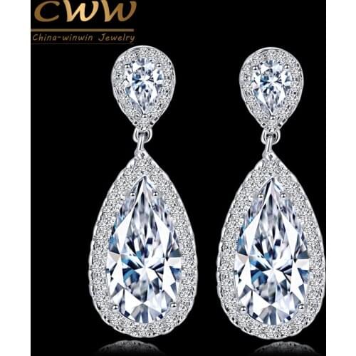 CWWZircons Classic Silver Color White Cubic Zirconia Crystal Long Tear Drop Dangle Earrings For Women Party Jewelry Gift CZ058