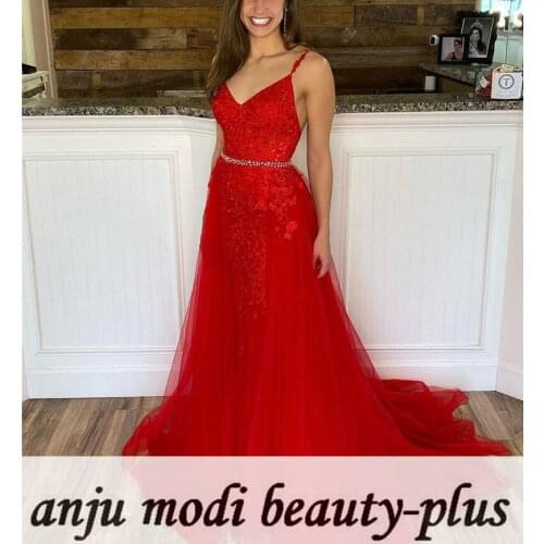 Red Lace V Neck Prom Dresses Long Spaghetti Straps Sleeveless Beaded Formal Evening Party Ball Gowns Robe De Soiree