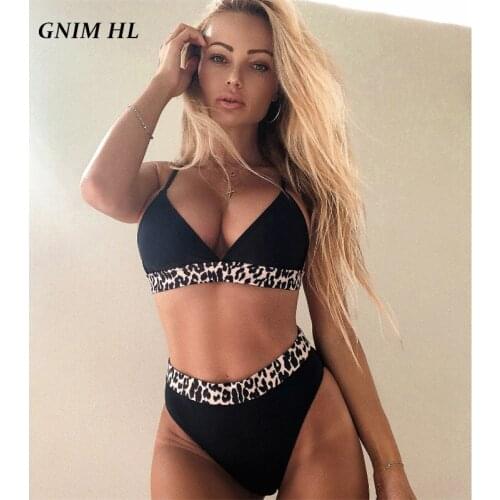 GNIM High Waist Swimsuit Women 2 Pieces Patchwork Leopard Bikini Set 2021 High Cut Triangle Swimwear Push Up New Arrival Biquini
