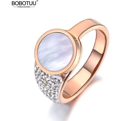 BOBOTUU Classic Rose Gold Stainless Steel White Shell Rings For Women Mosaic CZ Rhinestone Love Wedding Ring Jewelry BR19076