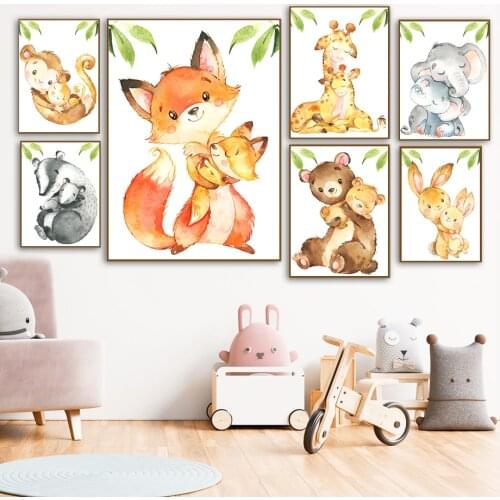 Cartoon Mother Baby Fox Giraffe Elephant Monkey Wall Art Canvas Painting Nordic Posters And Prints Wall Pictures Kids Room Decor