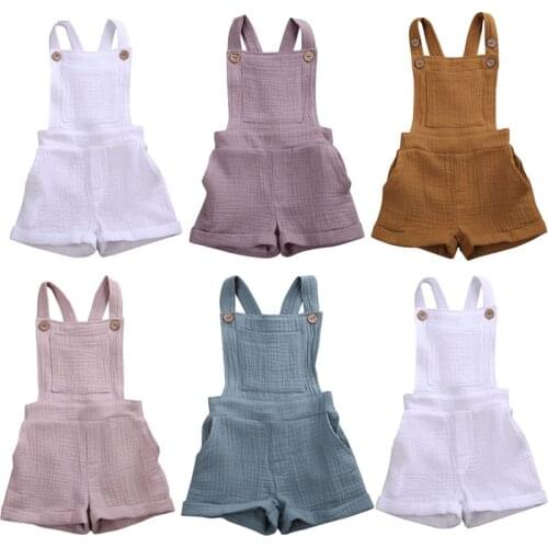 Newborn Baby Jumpsuits Summer Boy Girls Cotton Linen Button Romper for Infant Sleeveless Kids Baby Suspender Rompers Short Pant