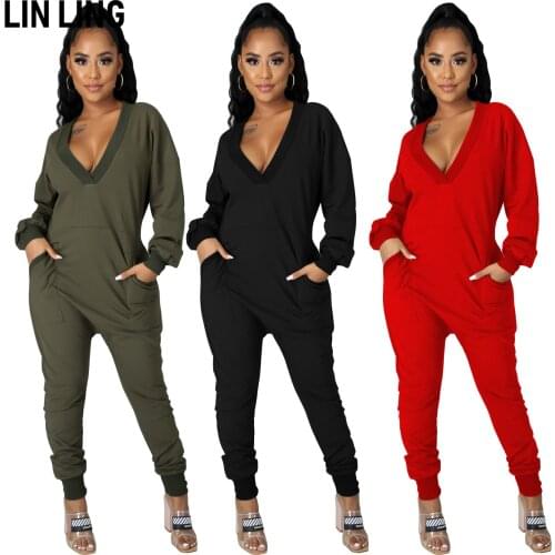LINLING Sexy Brief Solid Color Deep V-Neck Pocket Decoration Autumn Loose Casual Female One-Piece Harem Pants