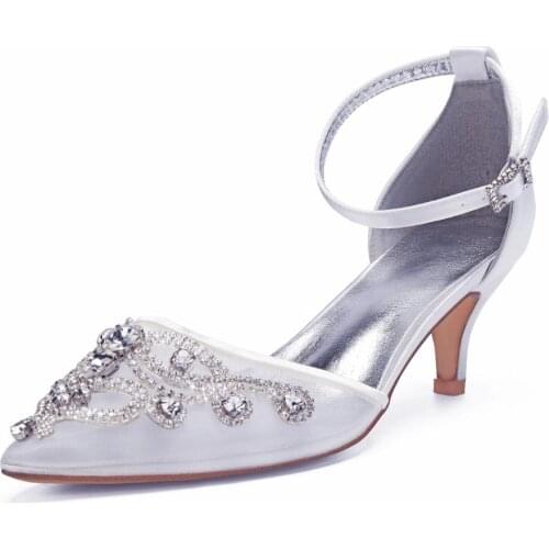 MarHermoso Women Satin Ankle Strap Pointed Toe Wedding Shoes Sexy Transparent mesh Kitten Heel Wedding Guest Reception Shoes