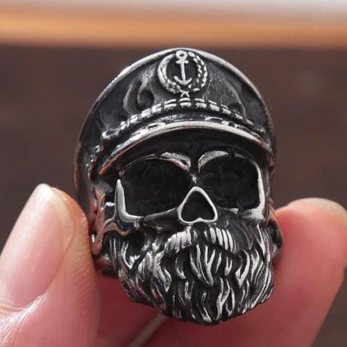 Gothic Navy Captain Skull Ring For Men Punk Stainless Steel Biker Skull Men Ring Fashion Jewelry Gift Wholesale Size 8-13