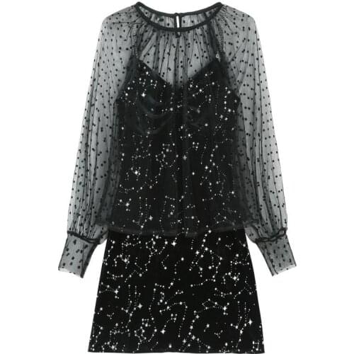 PERHAPS U Women Black Two-piece Set Polka Dot O Neck Long Sleeve Shirt Star Strap Velvet Mini Dress T0317