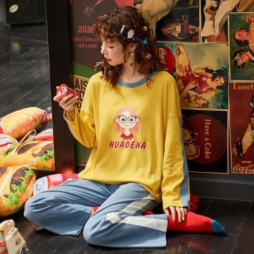 Autumn Winter Women Soft Cotton Pajamas Set Sleepwear Long Sleeve Tops Trouser Lingerie Nightgown Female Cartoon Animal Homewear