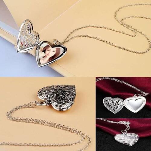 Silver Color Love Heart Long Necklace For Women Openable Photos Frame Glossy Pendants Necklace Wedding Girlfriend Jewelry Gift