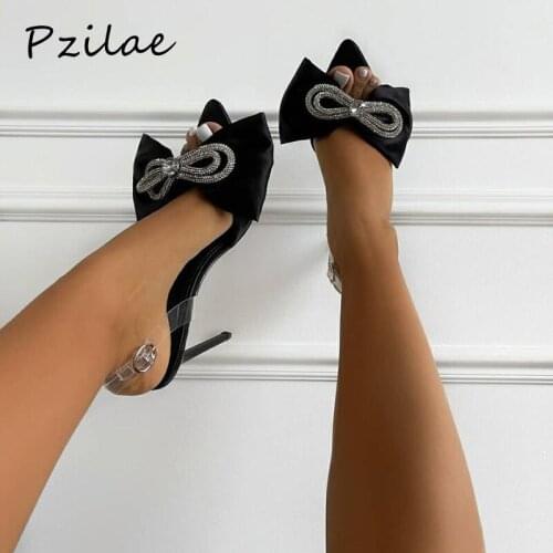 Pzilae New Rhinestone Silk Butterfly-Knot Women Mules Sexy High Heels Sandals Woman Pointed Toe Clear Strap Party Shoes 35-42