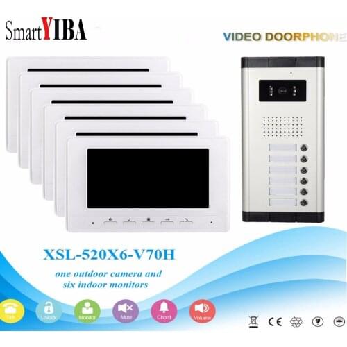 SmartYIBA 7''Inch Wired Color Video Door Phone Video Doorbell Intercom System Kit Set 6 monitors+1 IR camera with 6 buttons