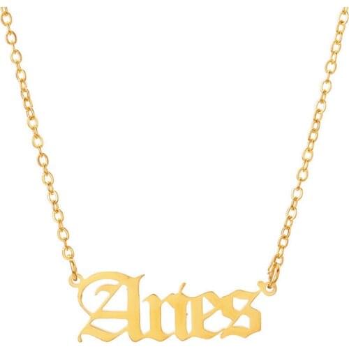 Harajuku Letter Constellation Pendant Necklace Stainless Steel Jewelry Aries Leo Capricorn Zodiac Old English Choker Femme