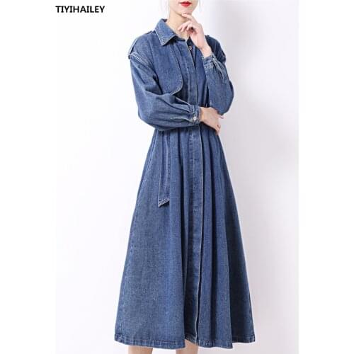 TIYIHAILEY 2021 New Fashion S-XL Dresses For Women Long Mid-calf Single Breasted Dresses With Belt Full Sleeve Spring Autumn