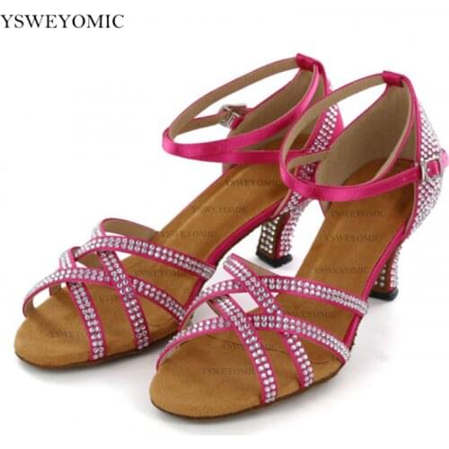 Latin Dance Shoes Women NEW Pink Satin Shining Rhinestone heels 5 to 10cm Salsa Ballroom Latin Salsa Dancing shoes With Diamonds