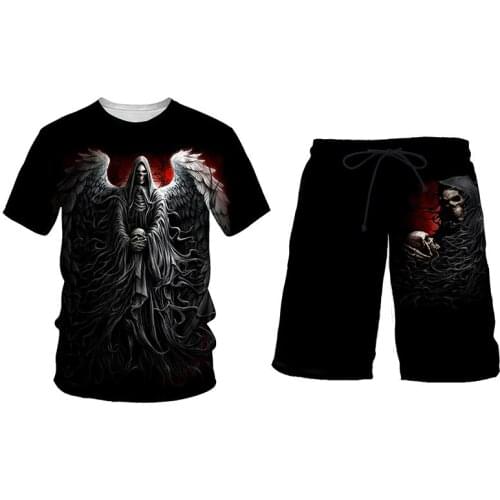 Vintage Gothic skull 3D Printed 2Pcs/Sets black Teens shorts Retro harajuku Beach Casual Fashion Shorts tshirt Streetwear