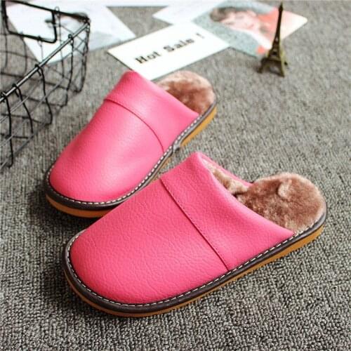 Waterproof Leather Women Slippers Indoor Floor Unisex Flat Slippers Air Conditioning Non-slip Warm Fur Ladies Slippers
