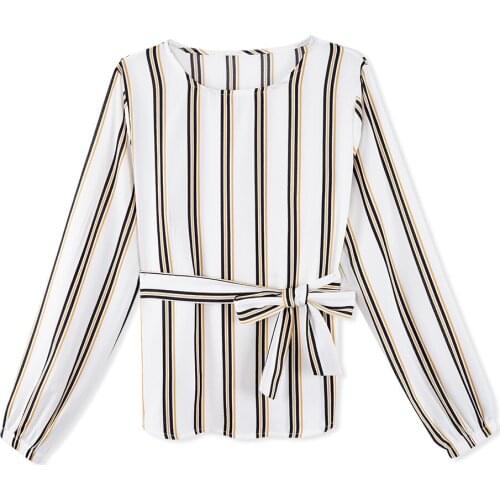 White Office Lady Elegant Striped Print Scoop Neck Long Sleeve Blouse 2019 New Spring Autumn Workwear Women Tops and Blouses