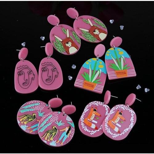 Vintage Pink Painting Printed Art Acrylic Drop Earrings for Women Girls Geometric Long Dangle Earrings Fashion Party Jewelry
