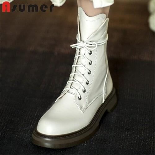 Asumer 2020 newest autumn winter boots women genuine leather shoes comfortable simple flat casual shoes woman ankle boots
