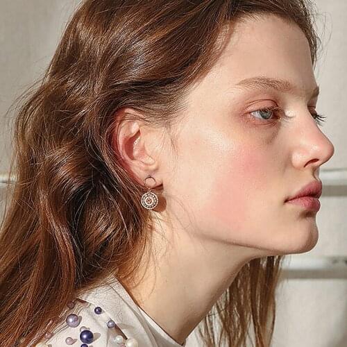 Female Luxury Baroque Crystal Round Stud Earrings Vintage Silver Color Wedding Jewelry White Blue Zircon Stone Earring for Women