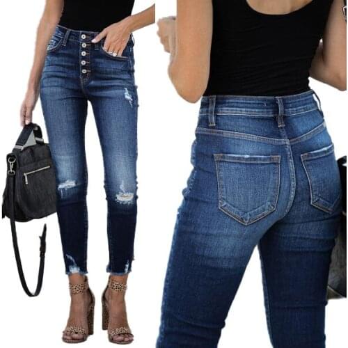 2020 High Waist Button Fly Jeans For Women Slim Stretch Ripped Distressed Denim Bodycon Skinny Push Up Jeans Pencil Pants Woman