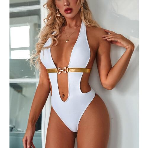 Sexy Patchwork Swimwear Women Halter Hollow Out Backless One Piece Swimsuit Female V-Neck Bodysuit Solid Bathing Suit Beachwear