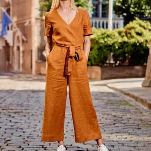 2020 New Thin Jumpsuit Solid Color Turn-Down Collar Short Sleeve Spring And Summer Casual Loose Piece Trousers Women