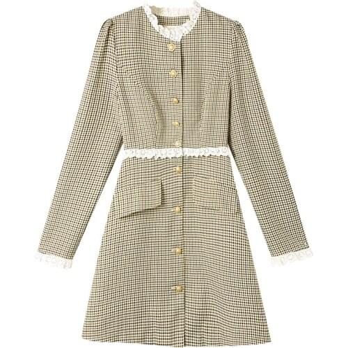 2021 Winter New Vintage Plaid Ladies Dresses Vestidos Elegantes Women Clothes Lace Patchwork Fashion Work Wear Dress