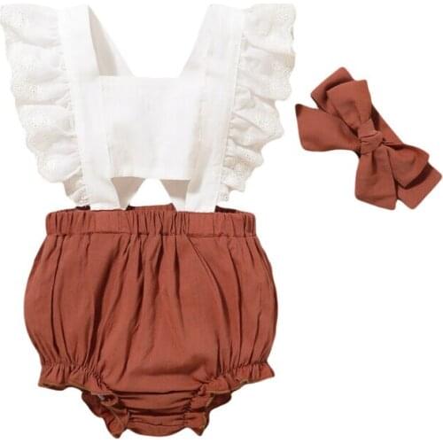 Fashion Newborn Toddler Baby Kids Girl Summer Clothes Solid Lace Ruffle Romper +Headband 2PCS Outfit Set