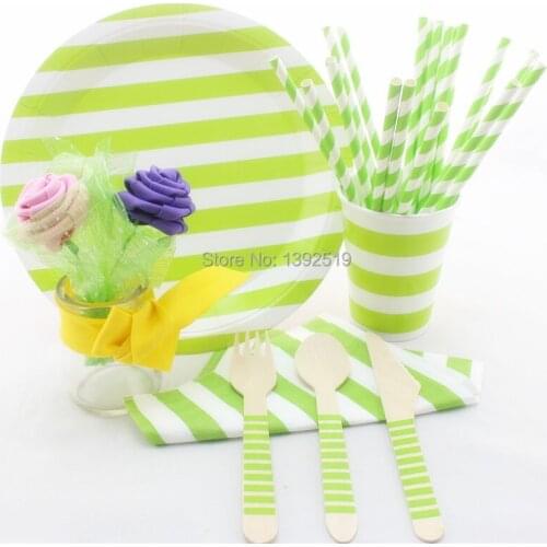 Free Shipping100 sets Party Tableware Set Green Color Chevron Polka Dot Striped Paper Straw Cup Plate Napkin Spoon Fork Knife