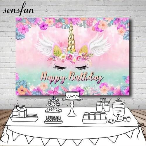 Sensfun Unicorn Party Photography Backdrop Pink Theme Flowers Birthday Newborn Baby Shower Backgrounds Table Banner 7x5ft