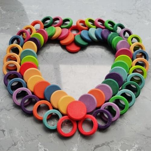 72PCS Kids Wooden Toys Beech Rainbow Coins and Rings Stackable Montessori toys Nature Loose Parts Creative Toys 12 colors