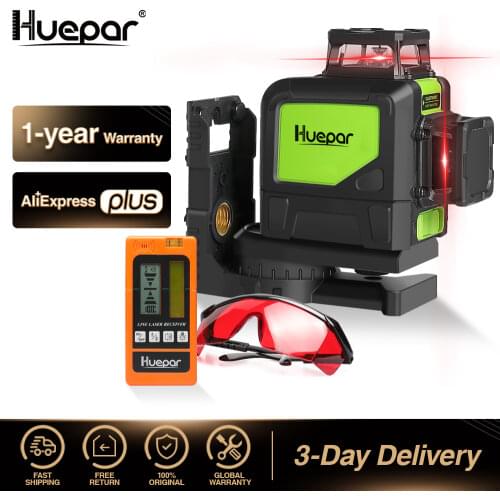 Huepar 8 Lines Red Laser Level 360 Horizontal Vertical Cross Line Self-leveling Laser + Laser Receiver & Laser Enhanced Glasses