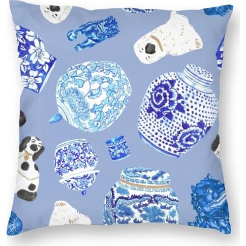 Chinoiserie Curiosity Cabinet Toss In Delft Blue Cushion Cover 40x40 Home Decor Print Throw Pillow Case for Living Room