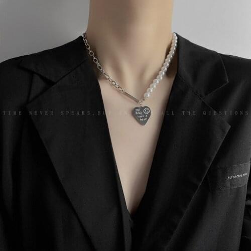 QiLuxy Fashion Heart Pendant Pearl Chain Choker Necklaces for Women Gothic Stainless Steel Chain Necklaces Jewelry Gifts