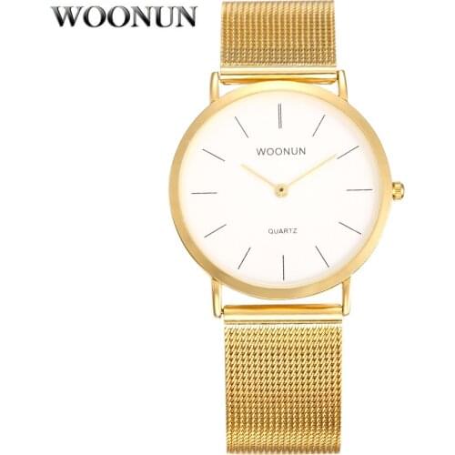 New Luxury Golden Male Watches WOONUN Brand Tag 18k Gold Stainless Steel Mesh strap Quartz Watch Ultra Thin Watches for Men