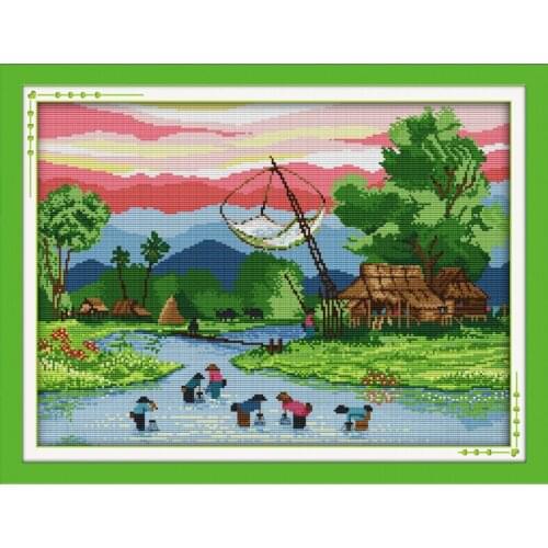 Everlasting Love Fishing Chinese Cross Stitch Kits Ecological Cotton Stamped Printed DIY 11CT New Year Gift Decorations For Home