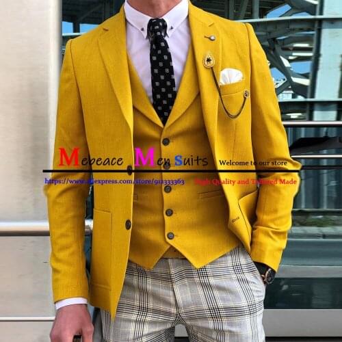 Latest Designs Casual Yellow Men Suits for Wedding 3 Pieces Notched Lapel Slim Fit Groom Tuxedo Groomsmen Suit Bridegroom Blazer